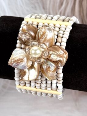 White Beaded Floral Statement Bracelet Shell Look Flower Wide Cuff Bracelet
